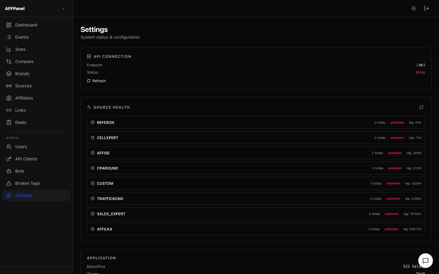 Settings page